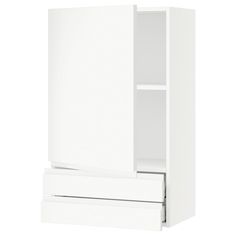 a white cabinet with two doors and one drawer on the bottom, in front of a white background