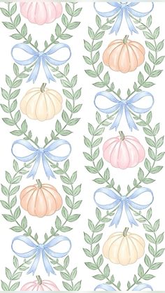 a pattern with pumpkins, leaves and bows on white background for wallpaper or fabric