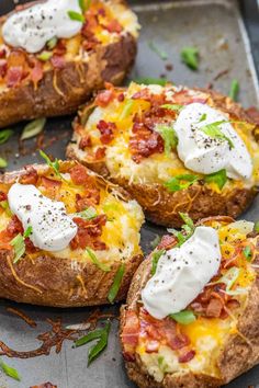 baked potato skins topped with sour cream and bacon