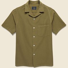 Seersucker Camp Shirt - Olive Camp Shirt, Men Fashion Casual Outfits, Camping Shirt, Mother Of Pearl Buttons, Sunny Days, Casual Outfits, Relaxed Fit, Camping, Collar