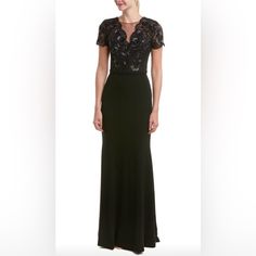 New With Tags, Never Worn. Black Crepe Gown With Short Sleeve Lace And Beaded Bodice. Elegant And Classic. Size 6-Fits True To Size. Theia Dresses, Crepe Gown, Floral Gown, Beaded Bodice, Resort Dresses, Crochet Halter Tops, Tweed Dress, Size 6 Dress, Maxi Gowns