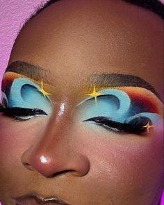 Abstract Eyeshadow Looks, Geometric Eye Makeup, Orange And Black Eyeshadow Looks, Orange Blue Makeup, Blue And Orange Makeup, Drag Makeup For Women, Creative Eyeshadow Looks, Crazy Makeup Looks, Artistic Makeup Looks