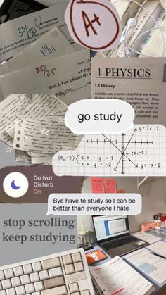 a collage of different types of papers and stickers on a desk with text that reads, go study