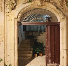 an arched doorway with potted plants on the steps