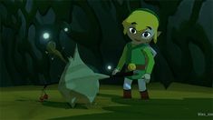 the legend of zelda standing next to an animal in front of a forest at night