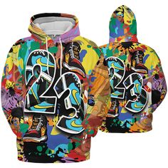 Mid-GS-Six-Championships-1s-Hoodie-Match-Number-23-Paint-Too-Many-Sneakers Multicolor Hooded Top For Streetwear, Multicolor Hoodie Sweatshirt With Letter Print, Multicolor Letter Print Hoodie Sweatshirt, Multicolor Graphic Print Hoodie, Casual Hoodie With Graphic Print For Sports Events, Casual Sublimation Print Hoodie, Casual Graphic Print Hoodie For Sports Events, Sporty Multicolor Winter Tops, Urban Multicolor Hoodie For Winter