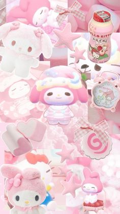 there are many different items on this pink background, including teddy bears and other things