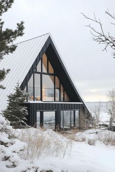 a black and white house with snow on the ground