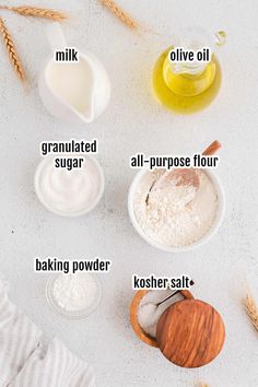 ingredients to make homemade oatmeal recipe displayed on white surface with text overlay