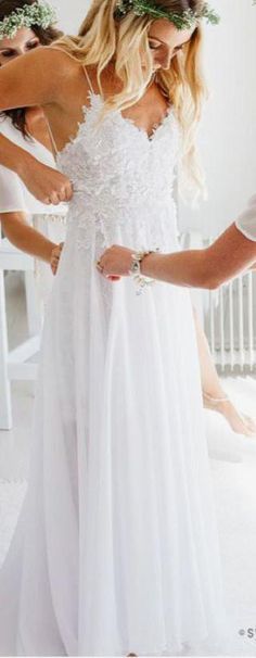 Spaghetti Strap Wedding Dress,V-neck White Chiffon Wedding Gown,Lace Appliqued Summer Beach Wedding Dresses,Bridal Dress from simibridaldresses Cheap Beach Wedding, Cheap Beach Wedding Dresses, Kenza Zouiten, Boho Style Wedding Dress, Boho Style Wedding, V Neck Wedding Dress, Backless Wedding, Backless Wedding Dress, Long Wedding Dresses