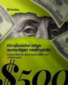 an advertisement for a $ 500 bill with the image of a man's face and money coming out of his eyes