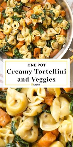 one pot creamy tortellini and veggies in a white bowl with the title above it