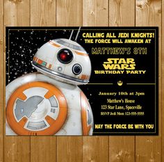 a star wars birthday party card with a bbg character on it