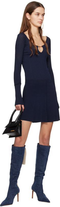 Rib knit viscose-blend dress. · Scalloped detailing at plunging scoop neck · Logo hardware at keyhole cutout · Flared hem · Gold-tone hardware Supplier color: Dark navy Fits Aesthetic, Chic Sweaters, College Outfits, Fall Wardrobe, Sweater Coats, Magnetic Closure, Capsule Wardrobe, Cotton Twill, Apparel Accessories