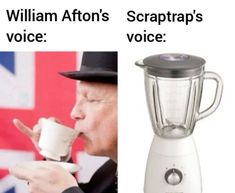 a man drinking from a blender next to an image of a british flag and the words william afton's scraptaps voice