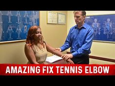 a man and woman shaking hands in front of a wall with diagrams on it that says amazing fix tennis elbow