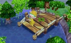 an animal crossing a wooden bridge in the middle of a forest with trees and water