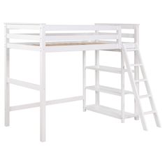 a white bunk bed with a ladder next to it and a shelf below the bed