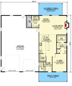 the floor plan for a small house with an attached garage and living room, as well as