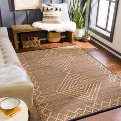 a living room area with a couch, rug and potted plant on the floor