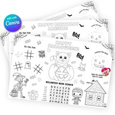 two halloween coloring sheets with the words happy halloween on them and an image of a cat,