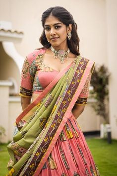 Pink attached cancan lehenga with elephant kalamkari hand painted patterns. Paired with  padded pink blouse embroidered with glass beads and green hand painted silk dupatta with contrast border. - Aza Fashions Unstitched Anarkali Set With Kalamkari Print For Wedding, Festive Anarkali Set With Kalamkari Print For Wedding, Anarkali Dupatta With Kalamkari Print For Wedding, Traditional Chanderi Sharara With Kalamkari Print, Pink Kalamkari Print Sets For Festive Occasions, Festive Kalamkari Anarkali Set For Wedding, Wedding Kalamkari Print Dupatta, Festive Pink Kalamkari Print Sets, Multicolor Lehenga With Kalamkari Print In Traditional Drape