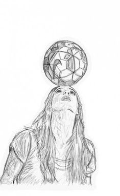 a drawing of a woman with a soccer ball on her head, looking up at the sky