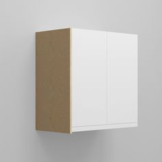 a white cabinet mounted to the side of a wall next to a brown object on top of it