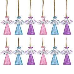 six different colored glass angel ornaments hanging from gold hooks on white background with clippings