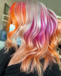 Creamsicle Hair, Pink Orange Hair, Sunset Hair, Dark Purple Hair, Hair Styels, Split Dyed Hair, Pink Orange Purple