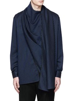 HAIDER ACKERMANN Pinstripe Drape Scarf Shirt. #haiderackermann #cloth #shirt Husband Material, Fabric Scarf, Scarf Shirt, Haider Ackermann, Throw Over, Cotton Fleece, Cotton Weaving, Cropped Pants, Blue Stripes