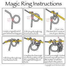 instructions on how to tie a ring with a knitting needle and hook in the middle