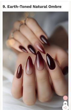 Classy Nails Ombre Simple, Trendy Metallic Nails, Transparent Nails Ideas, Maroon Black Ombre Nails, Smokey Tip Nails, Boho Nails Almond Shape, Ambre Nails For Fall, Burgundy Ombre Nail Ideas, Ombré Gel X Nails