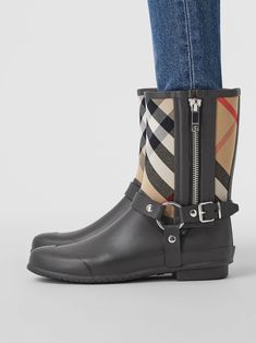 Strap Detail House Check Rubber Rain Boots in Black/archive Beige - Women | Burberry United States Black Leather Rain Boots For Fall, Designer Boots, Biker Boot, Rubber Rain Boots, Rain Boots, Black And Brown, Burberry, Boots, United States