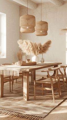 a dining room table and chairs with plants in vases next to them on a rug