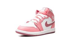 The Air Jordan 1 Mid PS “Valentine’s Day 2023” is the preschool sizing of the mid-top sneaker in a colorway inspired by the February holiday.  The shoe features a white leather base contrasted with pink leather overlays.  A slightly darker shade of pink leather is used on the Swoosh logo on the sides.  Additional branding includes a white “Wings” logo on the collar and a Jumpman on the tongue tag.  Underfoot, a white rubber midsole and pink outsole complete the look.  Release date: March 21, 202 February Holidays, Kids Jordan, Preppy Shoes, Mid Top Sneakers, White Wings, Wings Logo, Swoosh Logo, Stadium Goods, Mid Top