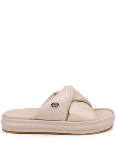 light beige calf leather silver-tone logo plaque crossover strap detail open toe branded leather insole flat rubber sole Leather Slides, Leather Silver, Light Beige, Crossover, Calf Leather, Open Toe, Rubber Sole, Milan, Shoes Sandals