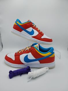 Size 10 - Nike Dunk Low x LeBron James x Fruity Pebbles Red. Sporty Red Color Block Sneakers, Red Color Block Sporty Sneakers, Red Low-top Sneakers With Color Block, Red Color Block Low-top Sneakers, Air Force 1 High, Fruity Pebbles, Custom Ideas, Nike Fashion, Red T