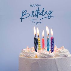 a birthday cake with five lit candles on it and the words happy birthday to you