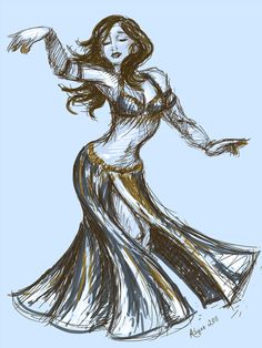 a drawing of a woman in a long dress with her arms spread out and hands outstretched