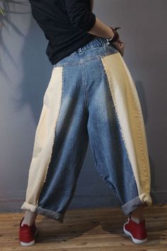 Trendy Patchwork Baggy Jeans Color Block Distressed Jeans in As The Photo One Size - Morimiss.com Redo Clothes, Denim Diy Clothes, Dressy Casual Outfits, Balloon Pants, Make Your Own Clothes, Oversized Jeans, Denim Ideas, Upcycle Jeans, Black Pants Casual