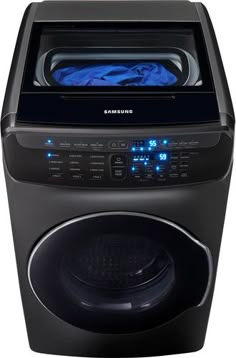 the samsung washing machine is black and has blue light on it's front door