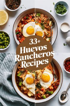 three photos with the words 33 huevoos rancheros recipes in front of them