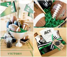 a football themed party with green and white decorations