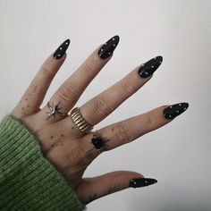 Black Oval Nails With Rhinestones, Black Chrome Nails With Rhinestones, Black Acrylic Rhinestone Nails, Black Nails With Silver Gems, Black Nails With Gemstones, Black Acrylic With Rhinestones, Solid Black Nails With Gems, Black Rhinestones On Nails, Black Acrylic Nails Sparkly