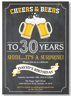 a chalkboard birthday card with two mugs of beer and the words cheers & beers to 30 years, it's a surprise