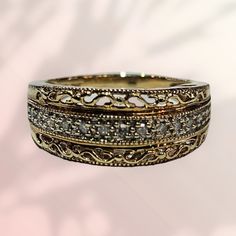 10k yellow gold filigree ring with diamonds, .13 carat total weight, size 7, Mom cutouts on both sides Kansas City Mo, Gold Filigree, Filigree Ring, Rings Statement, Kansas City, Kansas, Statement Rings, Gold Diamond, Jewelry Rings