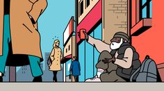 an animated image of people walking down the street with buildings in the background and one person wearing a face mask