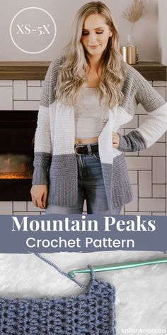 a woman standing in front of a fireplace with text overlay that reads mountain peaks crochet pattern