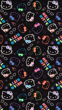 a black background with hello kitty and rainbows on it's sides, all in different colors